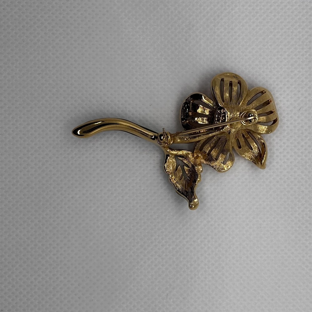 Vintage Nolan Miller Flower Brooch Pin Gold Tone Enamel Rhinestone Crystal Box - Picture 3 of 7